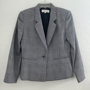 Talbots David Brooks Plaid Blazer Petite 4P Gray Wool Work Old Money USA Vtg 90s